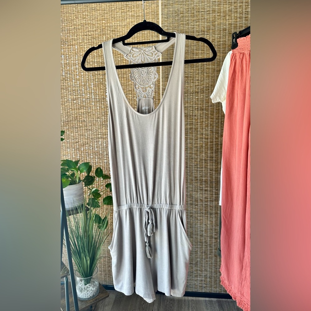 Aerie Crochet Taupe Tank Top Sleeveless Shorts Jumpsuit